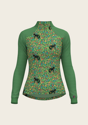 Front view of the Flower on Green Espoir Cavallo Sport Mesh Quarter Zip Sun Shirt on a plain background