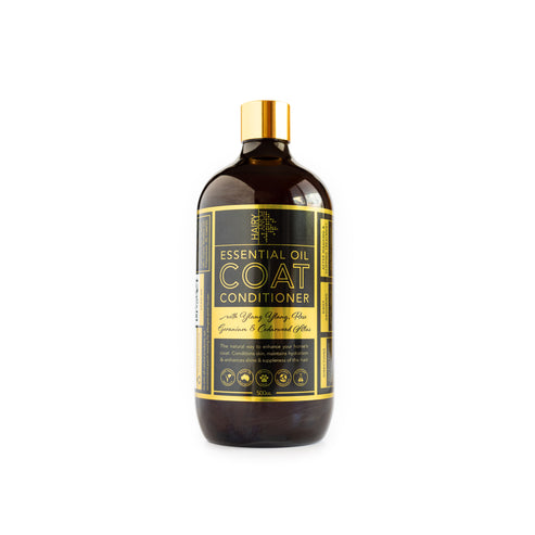 Front view of a 500 ml bottle of original Hairy Pony Essential Oil Coat Conditioner on a white background