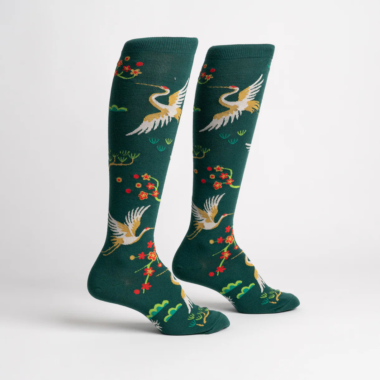 Side views of the Flying Cranes Sock It To Me Knee High Socks on a plain background