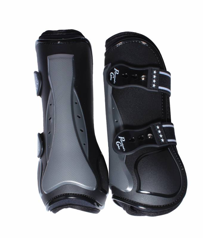 Side-by-side back and side view of the black Professional's Choice Pro Performance Open Front Boots on a white background