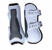 Side-by-side back and side view of the white Professional's Choice Pro Performance Open Front Boots on a white background