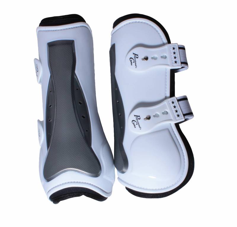 Side-by-side back and side view of the white Professional's Choice Pro Performance Open Front Boots on a white background