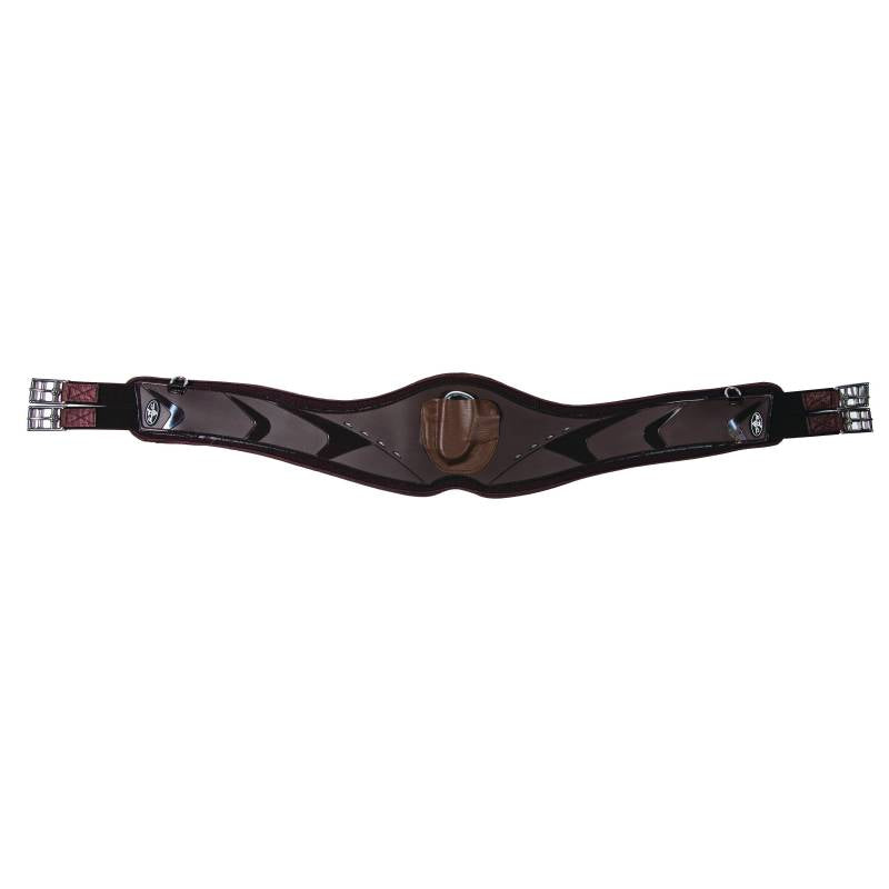 Professional’s Choice VenTECH contoured jump girth in chocolate with glossy outer shell, center D-ring, and stainless steel buckles