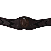Close-up of Professional’s Choice VenTECH contoured jump girth in chocolate showing concealed D-ring attachment