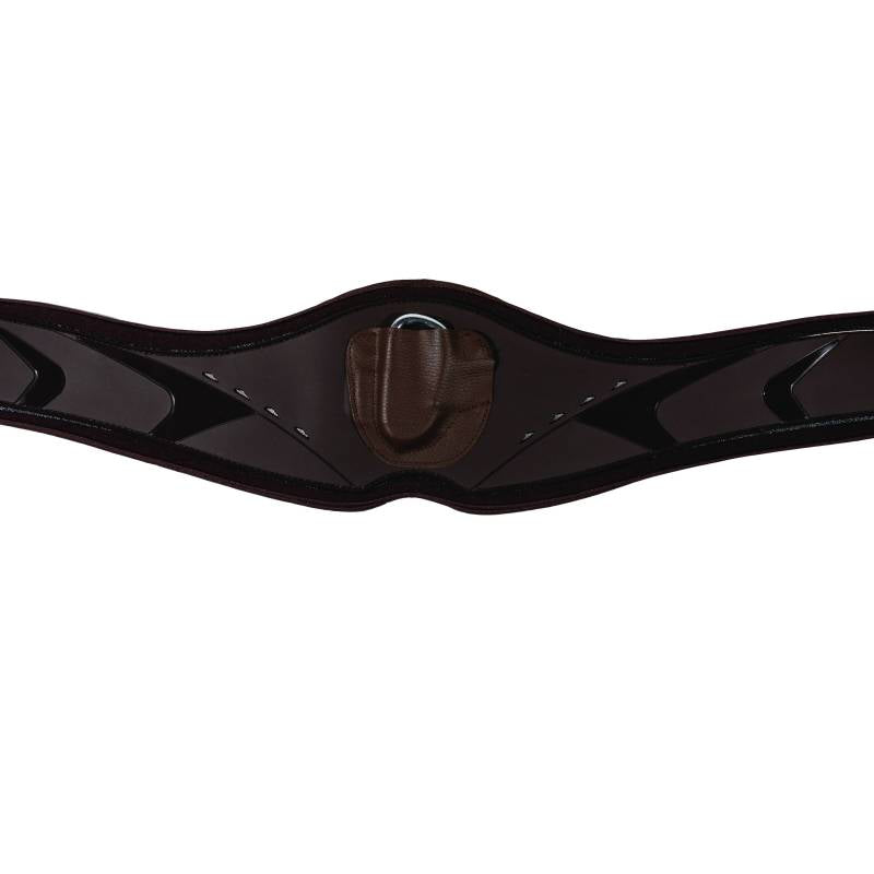Close-up of Professional’s Choice VenTECH contoured jump girth in chocolate showing concealed D-ring attachment