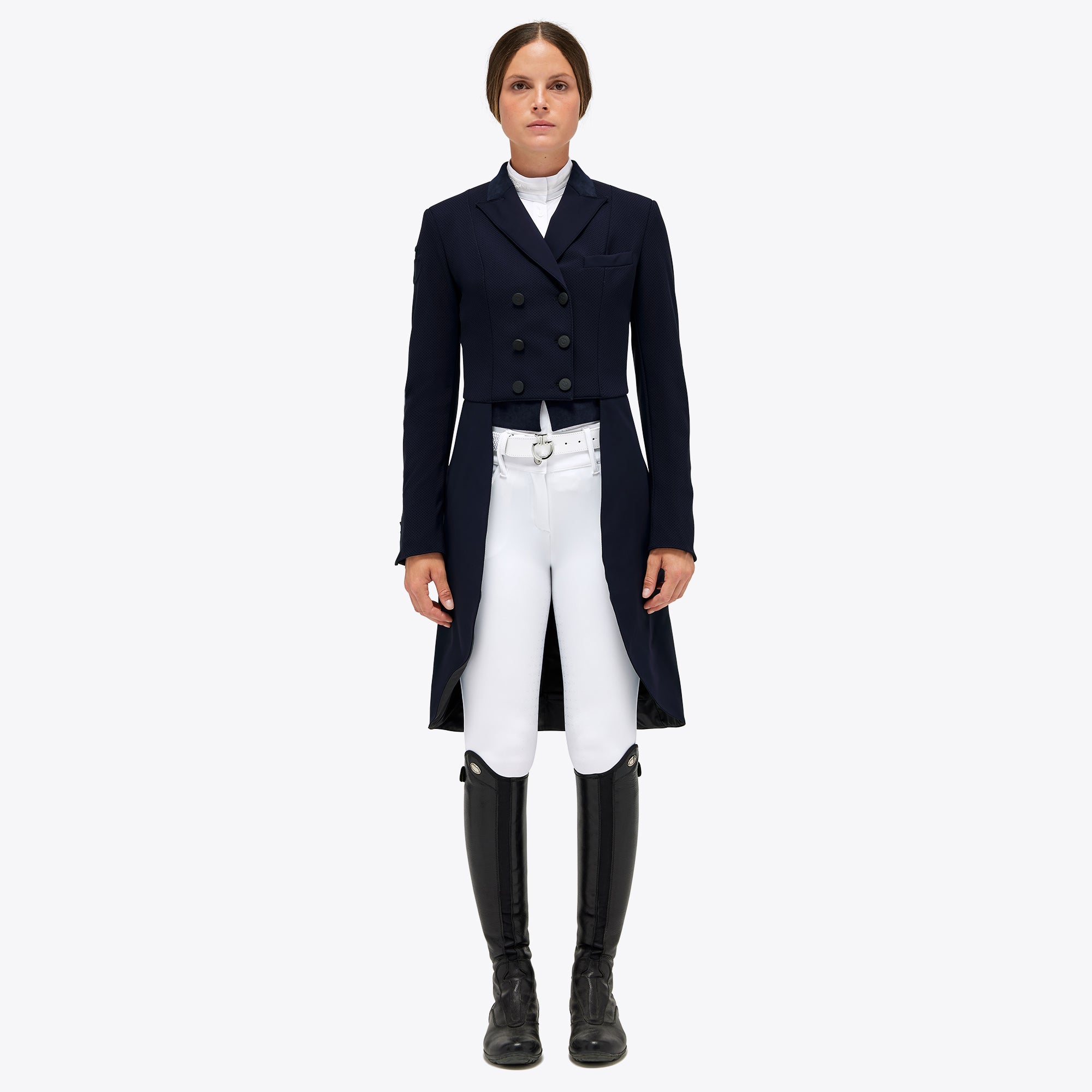 Cavalleria Toscana navy competition frack coat, front view, worn with white breeches and tall black riding boots