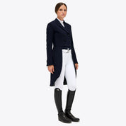 Cavalleria Toscana navy competition frack coat, angled front view, worn with white breeches and tall black riding boots