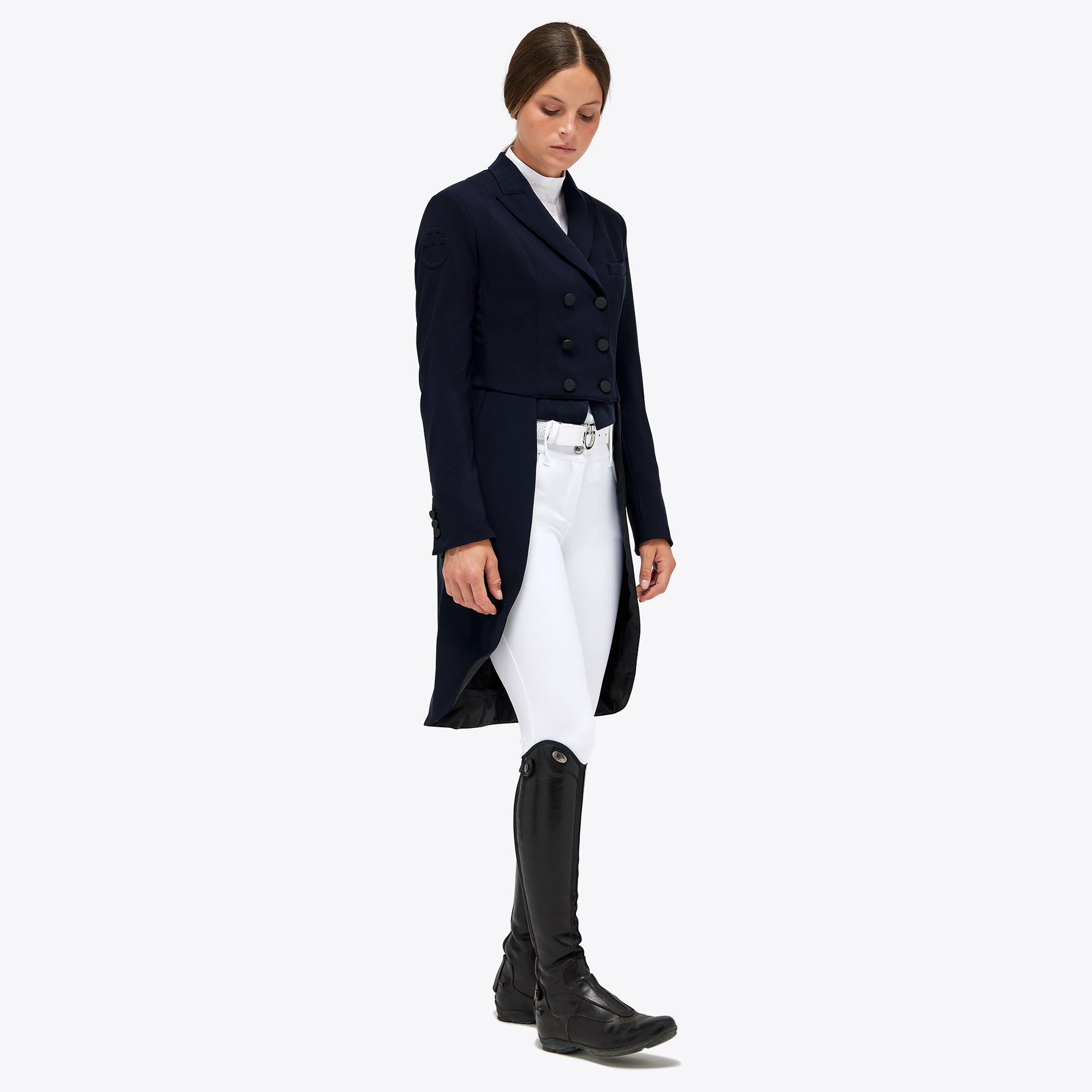 Cavalleria Toscana navy competition frack coat, side view showing long tail