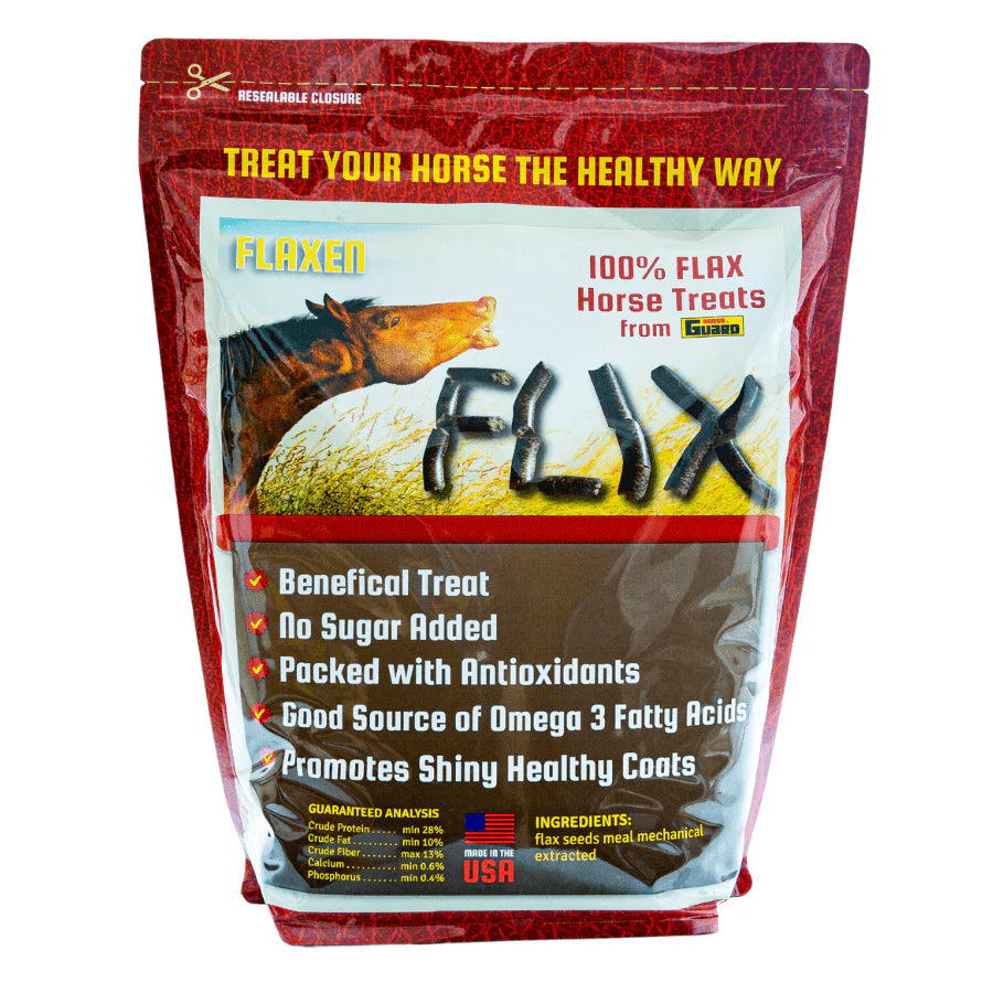 Front view of a bag of Horse Guard Flix Horse Treats on a white background