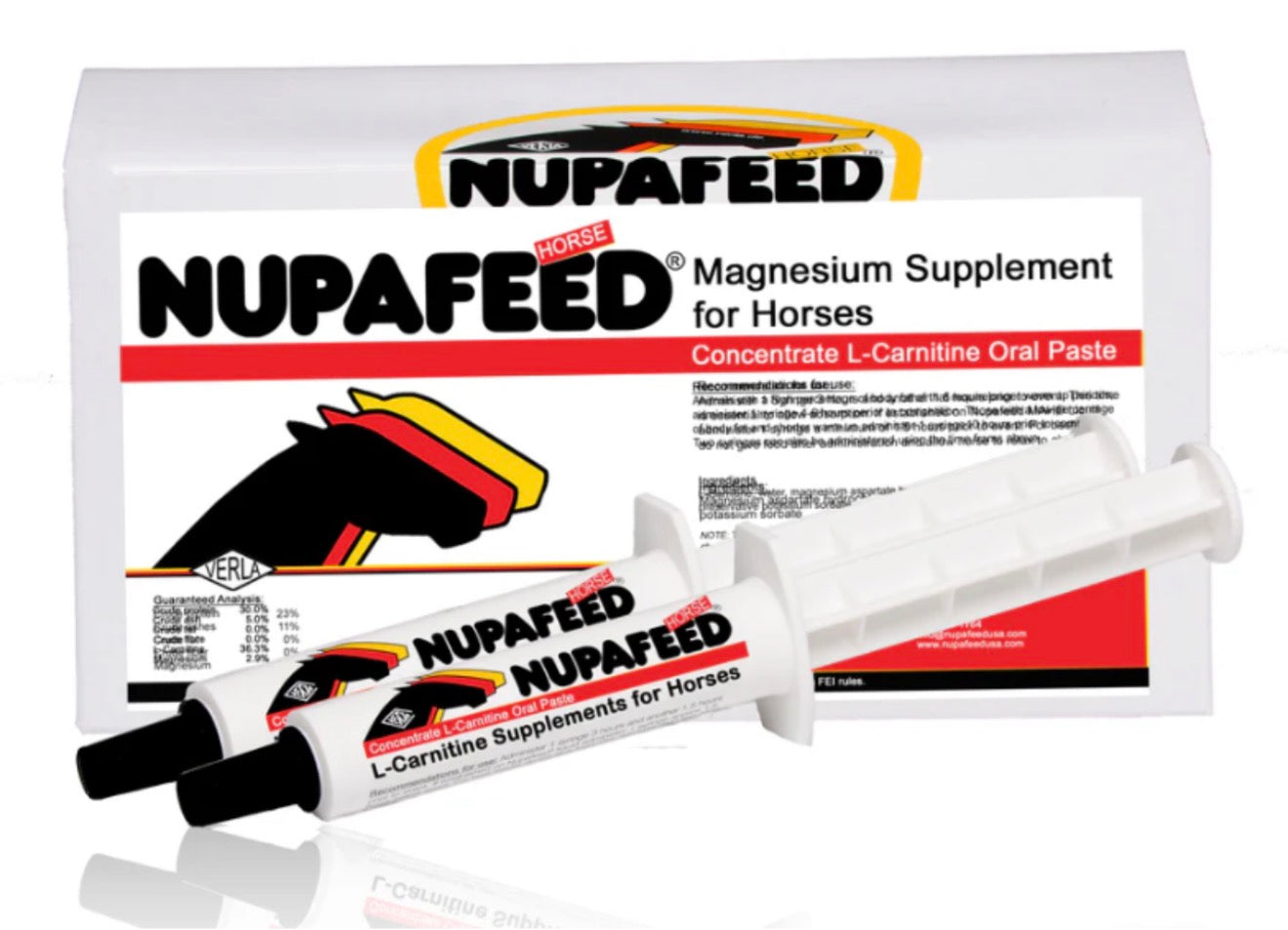 Front view of a case of 10 Nupafeed L-Carnitine Concentrate Oral Paste Tubes on a white background
