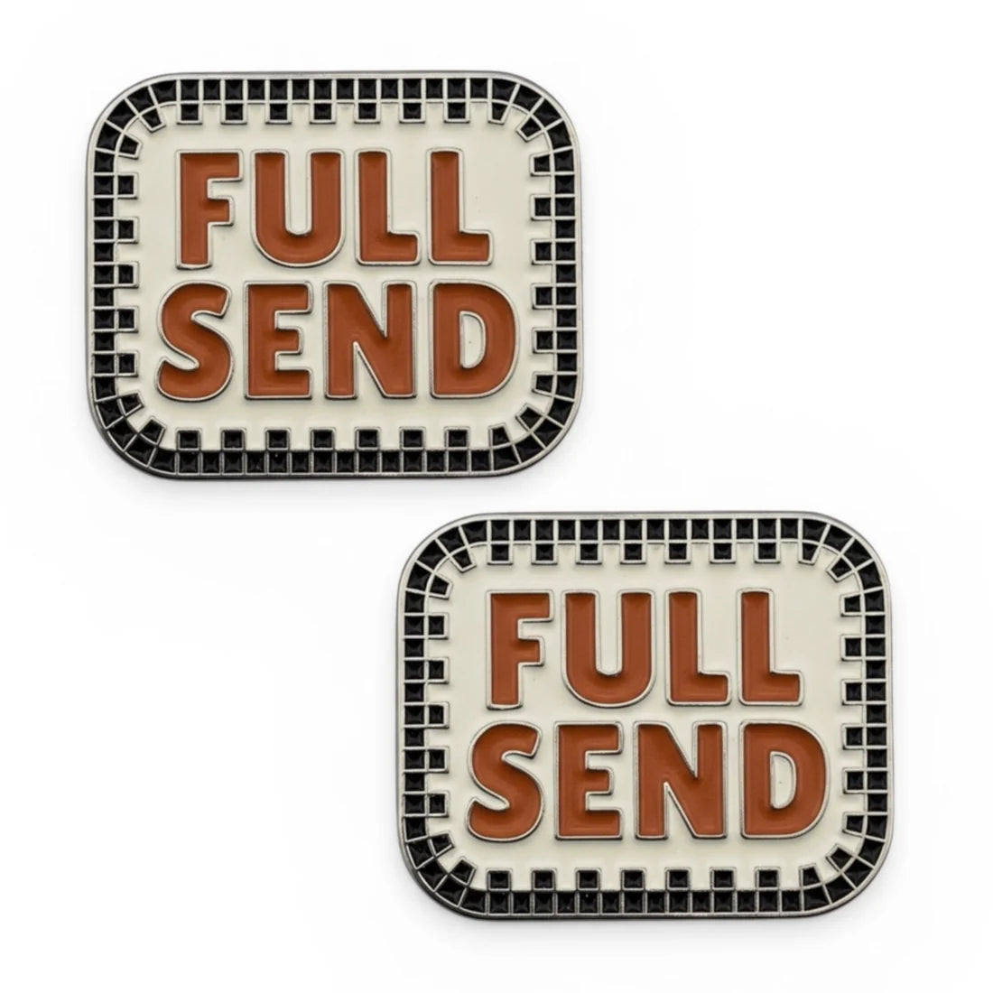 Front view of a pair of Full Send Dubois Cheval Number Pin Charm on a white background