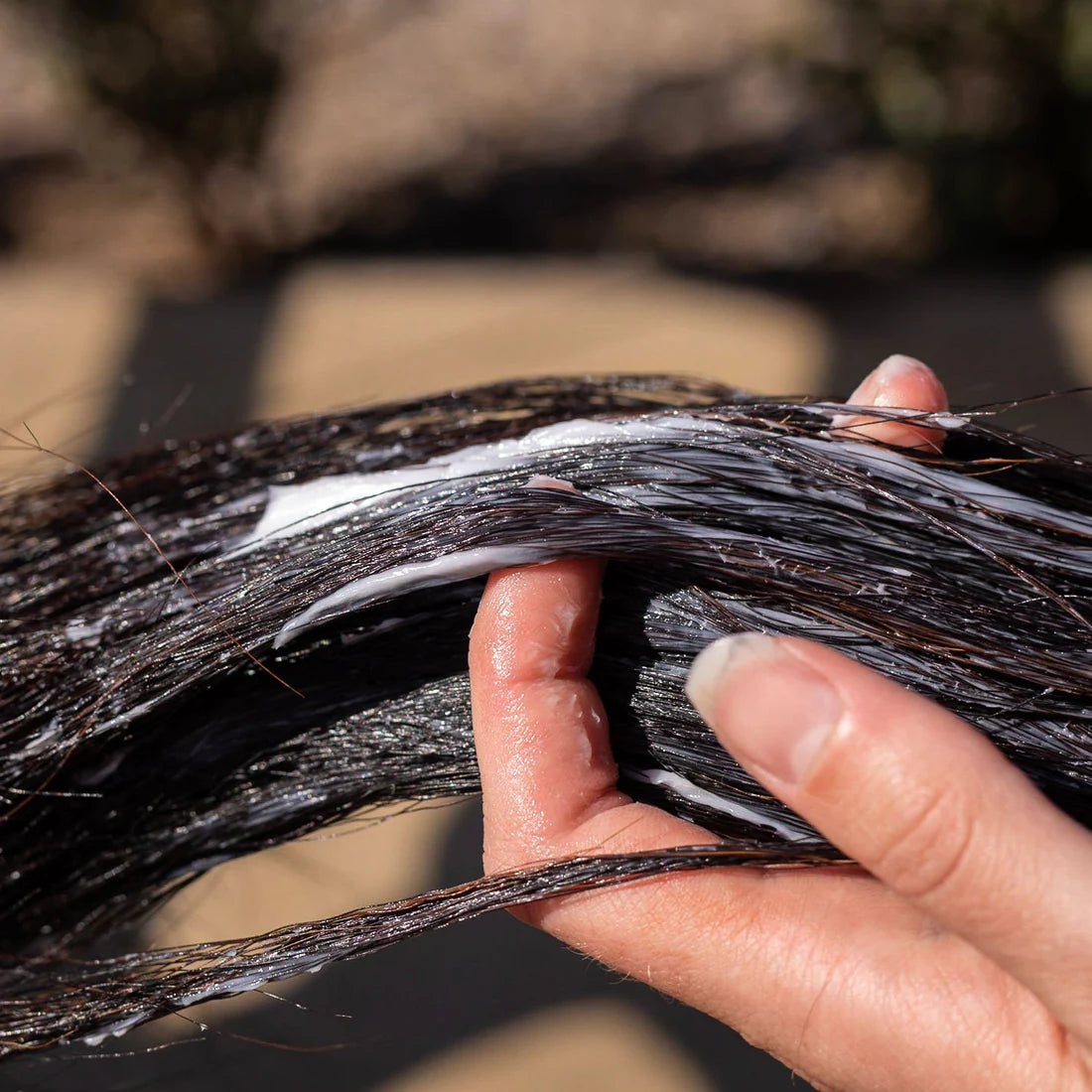 Hand holding a horse's tail with Hairy Pony Hair Repair Shampoo in it