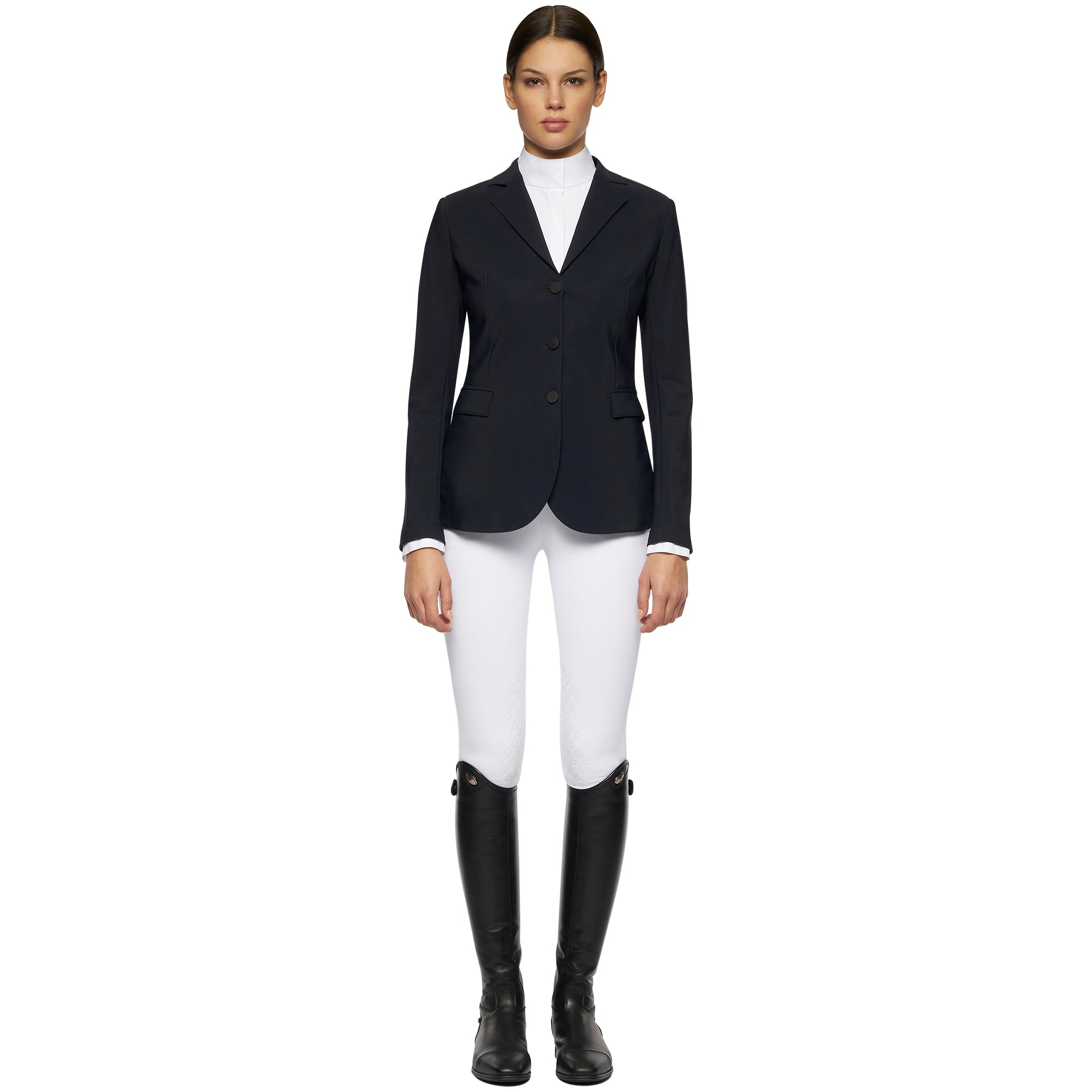 Cavalleria Toscana hunter competition jacket in navy, front view, worn with white breeches and tall black riding boots