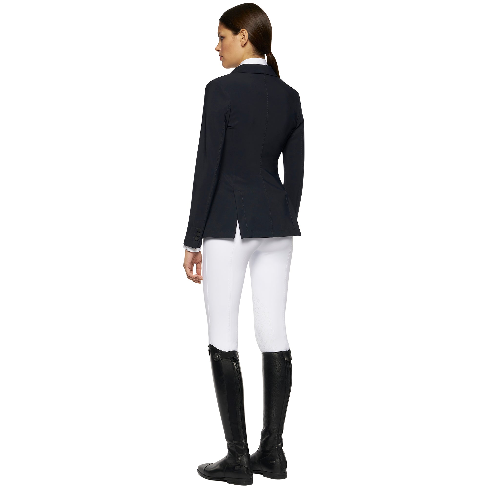 Cavalleria Toscana hunter competition jacket in navy, back view, worn with white breeches and tall black riding boots