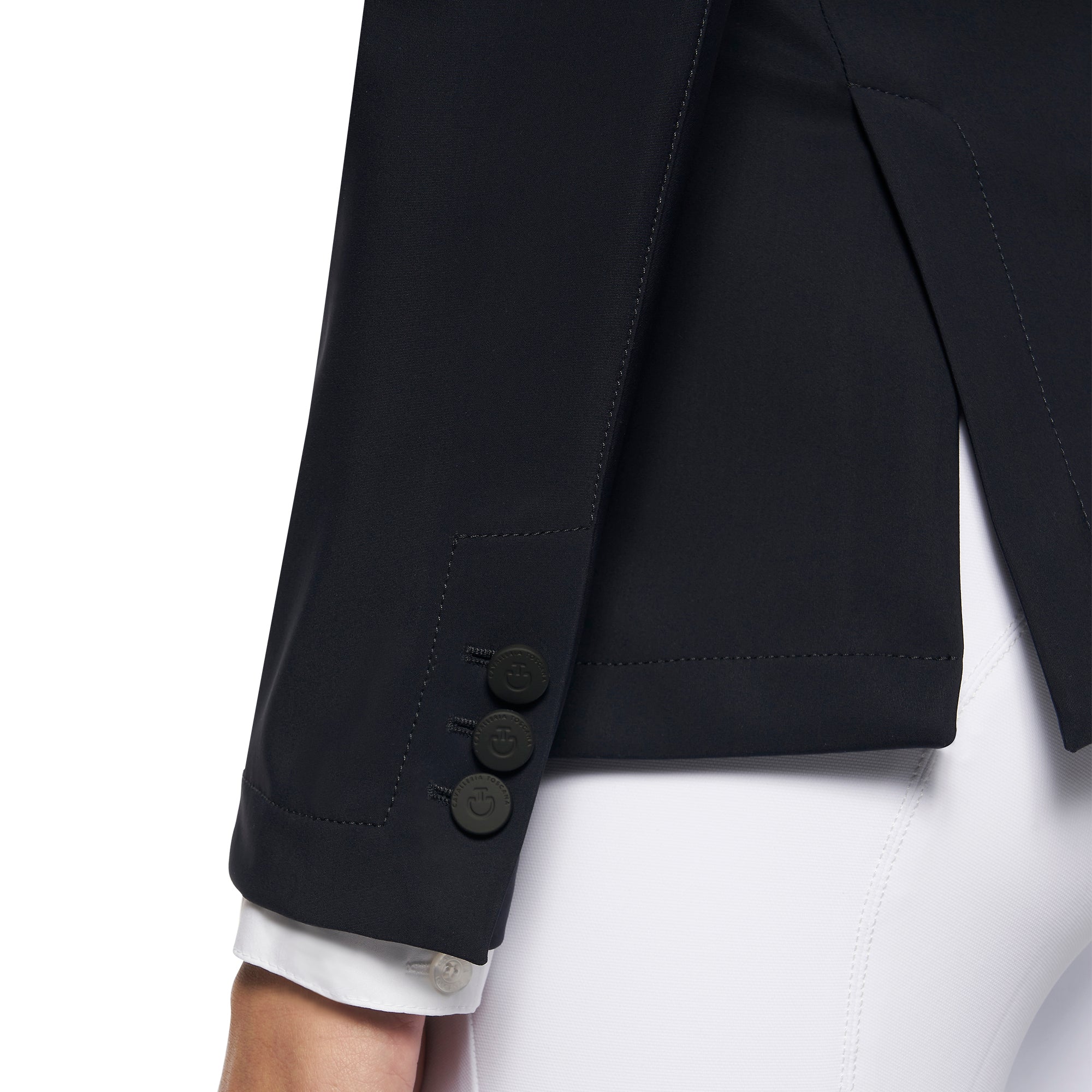 Close-up of Cavalleria Toscana navy hunter competition jacket sleeve showing three-button cuff detail