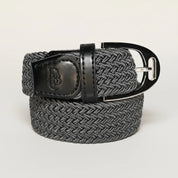 Front view of the coiled grey Dubois Cheval Stretch Stirrup Belt on a gray background