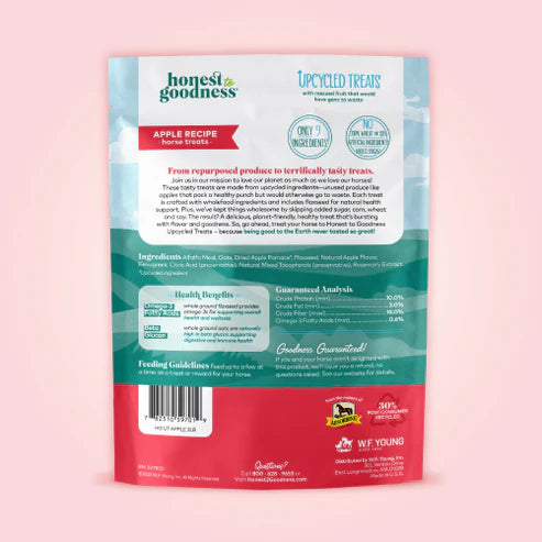 Back view of a bag of the apple flavored Honest to Goodness Upcycled Horse Treats on a pink background