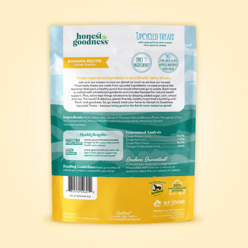 Back view of a bag of the banana flavored Honest to Goodness Upcycled Horse Treats on a yellow background