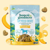 Front view of a bag of the banana flavored Honest to Goodness Upcycled Horse Treats on a yellow background