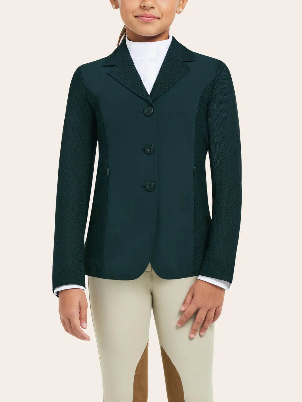 Front view of the RJ Classics Harmony Jr. 2.0 Mesh Show Coat in Green Gables, showing a notched lapel, three-button front closure, and textured mesh sleeves and side panels, worn over a white high-collar show shirt with tan breeches against a plain light background.