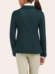 Back view of the RJ Classics Harmony Jr. 2.0 Mesh Show Coat in Green Gables showing textured mesh fabric, a fitted back shape with seam lines, and buttoned cuffs, worn over a white show shirt with tan breeches against a plain light background.