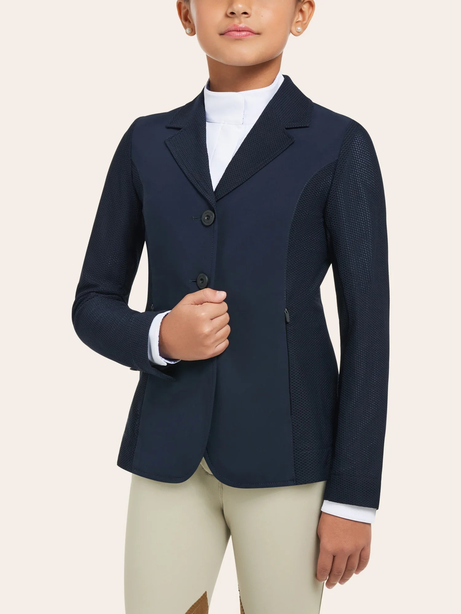 Child wearing Harmony Jr. 2.0 Mesh Show Coat in navy, front view