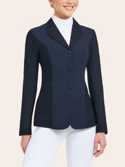Front view of a female model wearing the navy RJ Classics Harmony Mesh Coat on a white background