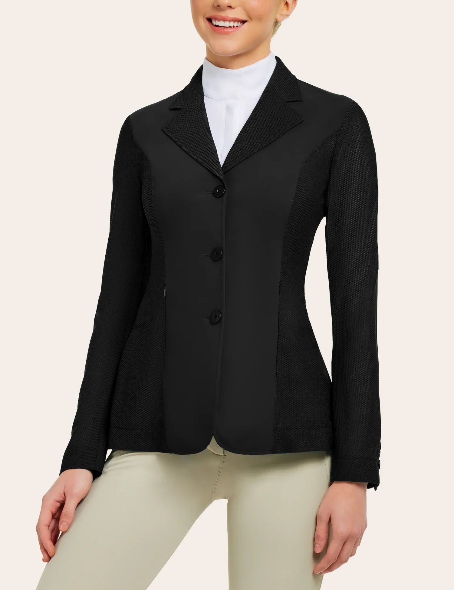 Front view of a female model wearing the black RJ Classics Harmony Mesh Coat on a white background