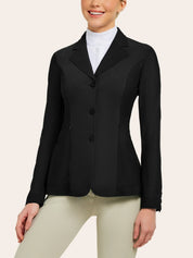 Front view of a female model wearing the black RJ Classics Harmony Mesh Coat on a white background