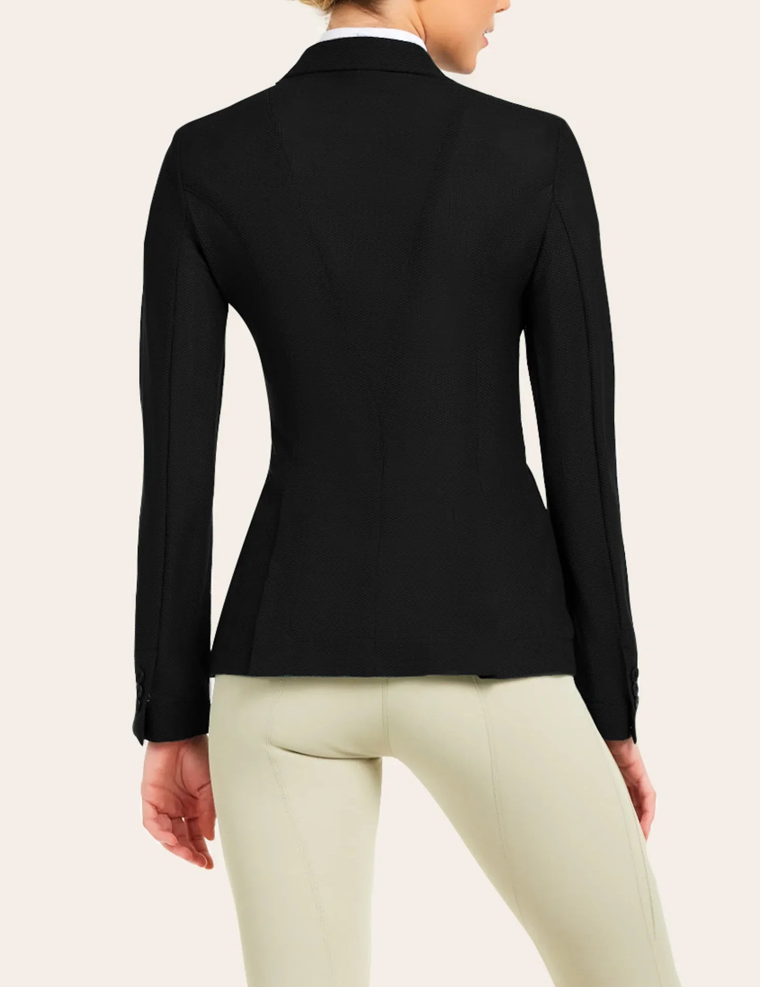 Back view of a female model wearing the black RJ Classics Harmony Mesh Coat on a white background