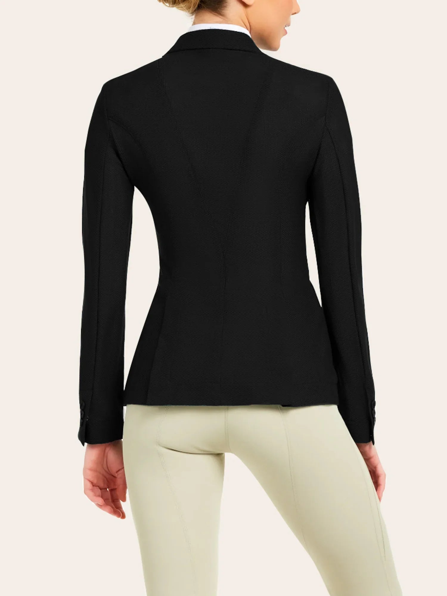 Back view of a female model wearing the black RJ Classics Harmony Mesh Coat on a white background