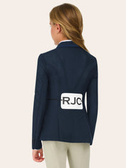 Back view of a young female model wearing the navy RJ Classics Harmony Evo Jr. Mesh Show Coat on a plain background