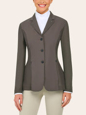 Front view of a model wearing the taupe RJ Classics Harmony Evo Mesh Show Coat on a plain background