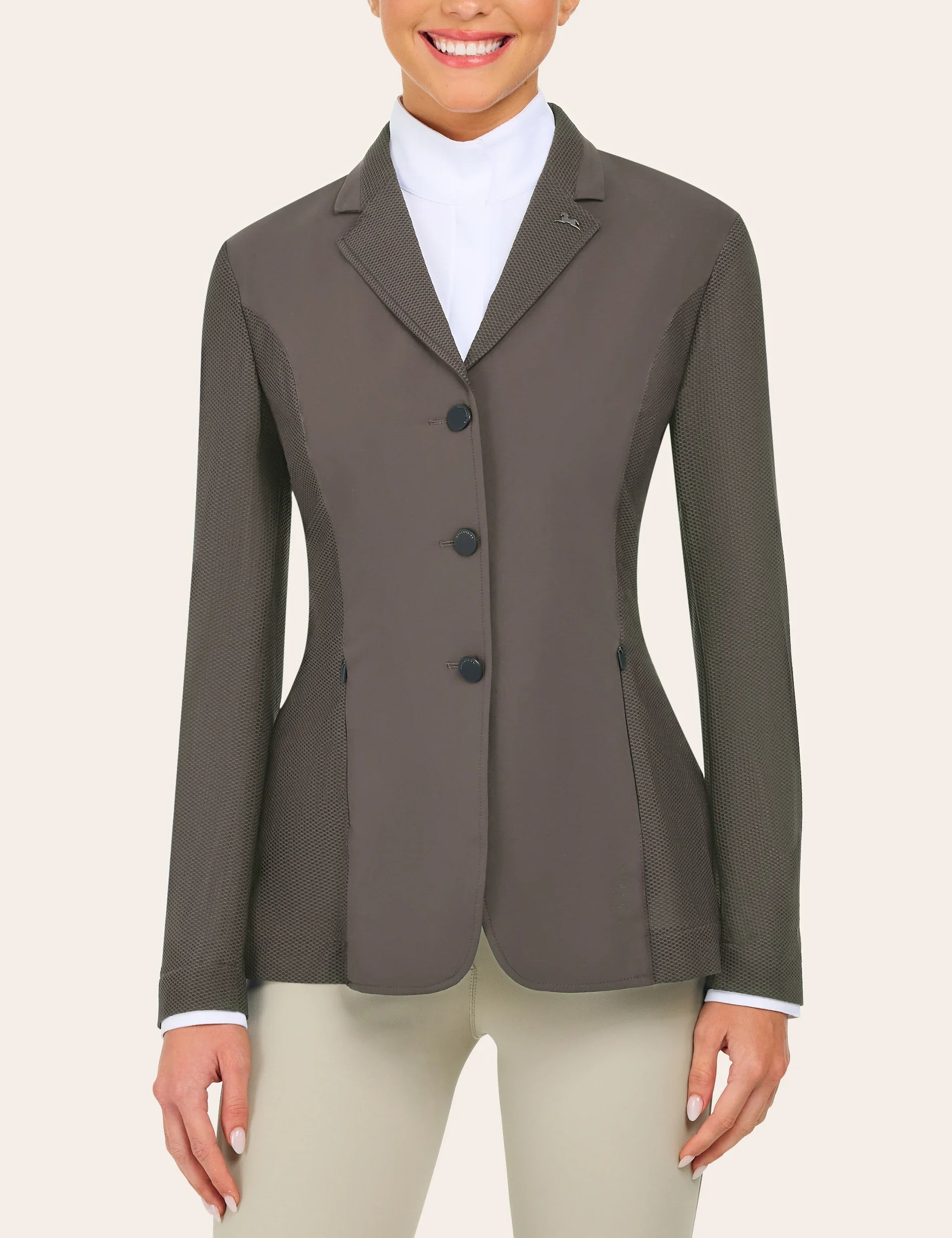 Front view of a model wearing the taupe RJ Classics Harmony Evo Mesh Show Coat on a plain background