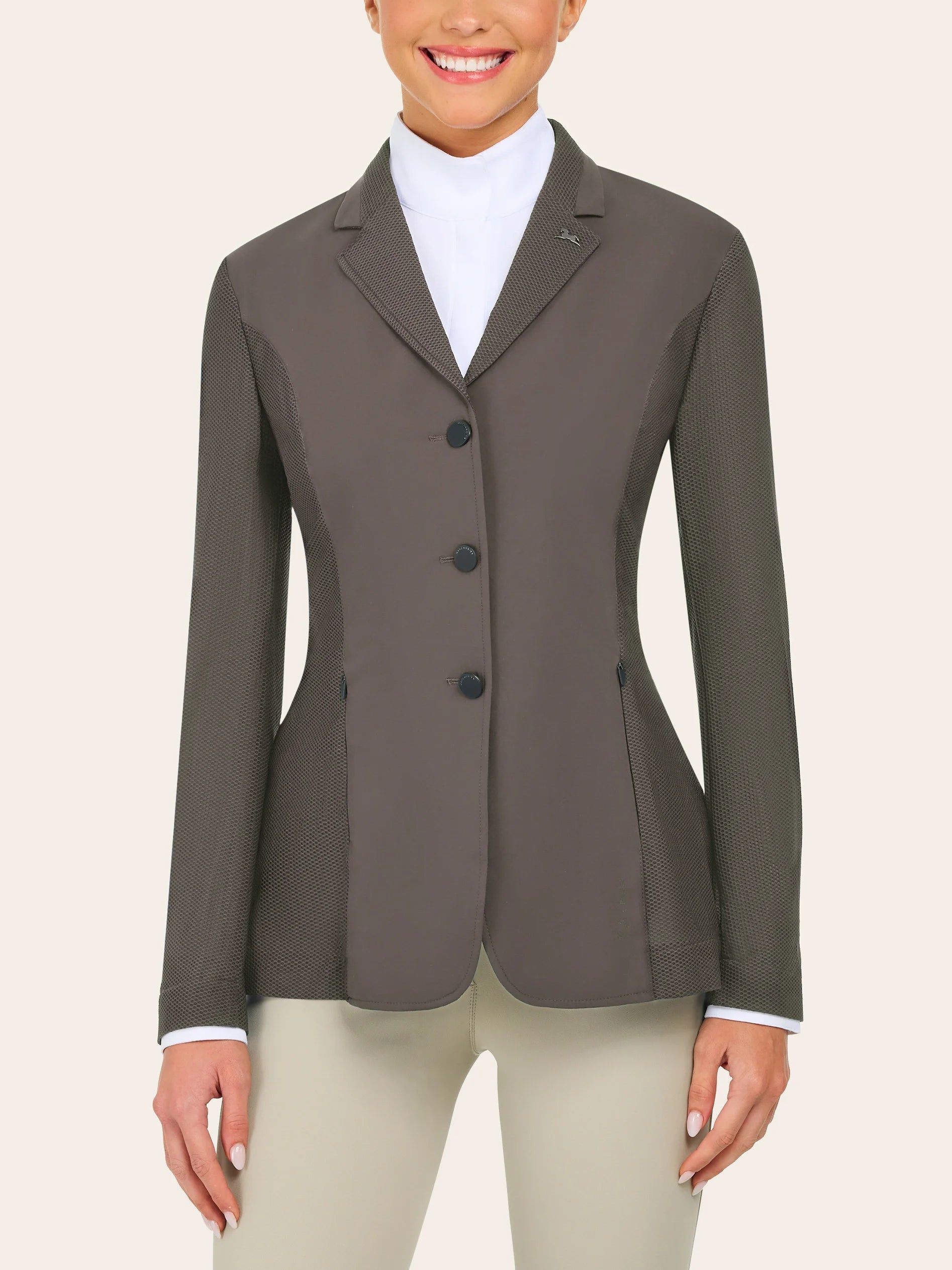 Front view of a model wearing the taupe RJ Classics Harmony Evo Mesh Show Coat on a plain background