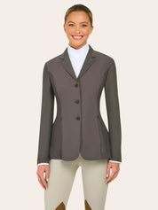Front view of a model wearing the taupe RJ Classics Harmony Evo Mesh Show Coat on a plain background