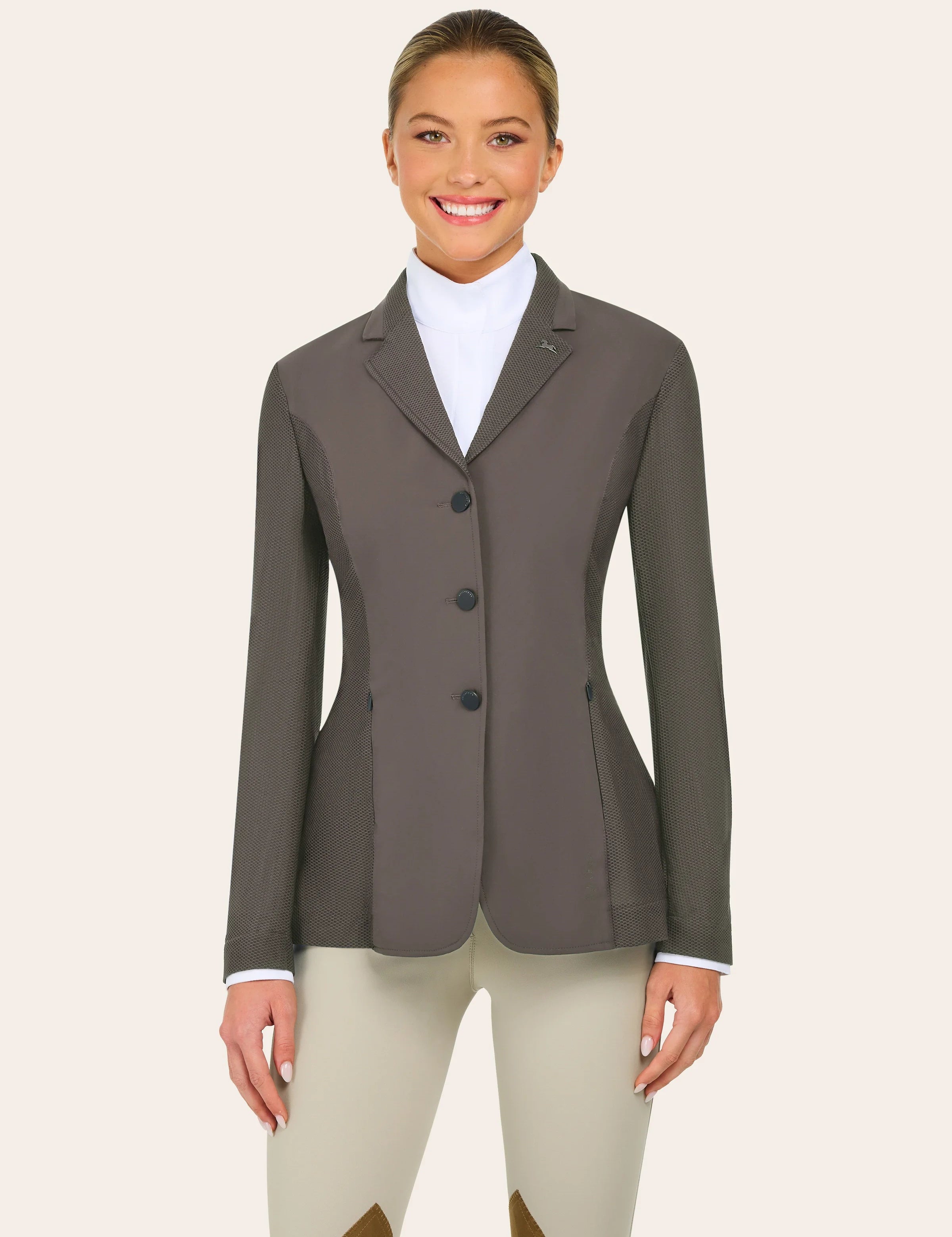 Front view of a model wearing the taupe RJ Classics Harmony Evo Mesh Show Coat on a plain background