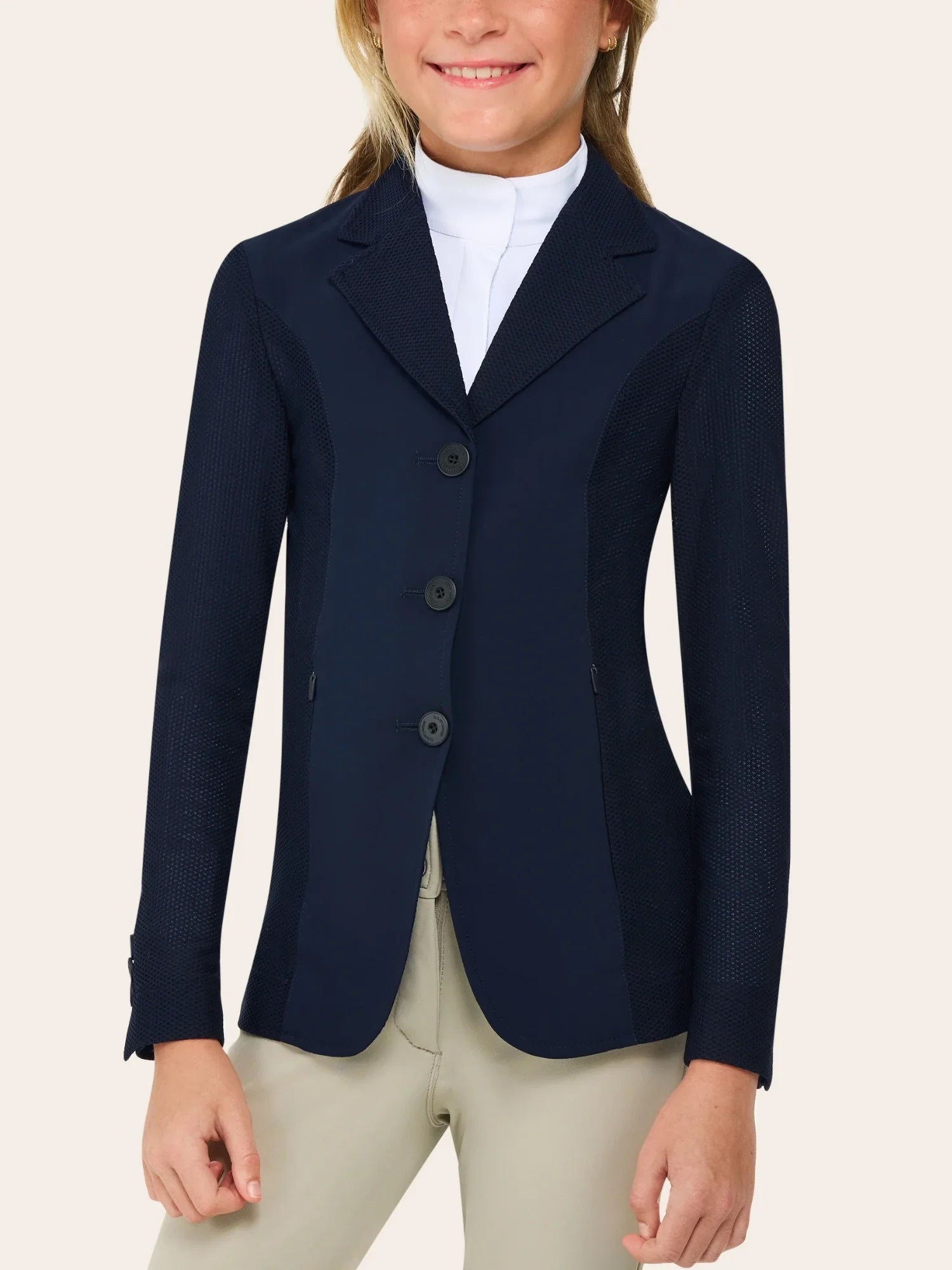 Front view of a young female model wearing the navy RJ Classics Girls' Harmony Jr. Mesh Show Coat on a white background