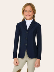 Front view of a young female model wearing the navy RJ Classics Girls' Harmony Jr. Mesh Show Coat on a white background