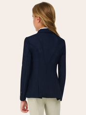 Back view of a young female model wearing the navy RJ Classics Girls' Harmony Jr. Mesh Show Coat on a white background
