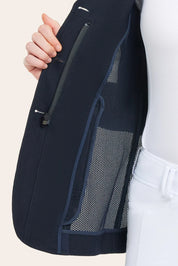 Close-up of navy Harmony Jr. 2.0 Mesh Show Coat showing interior mesh lining