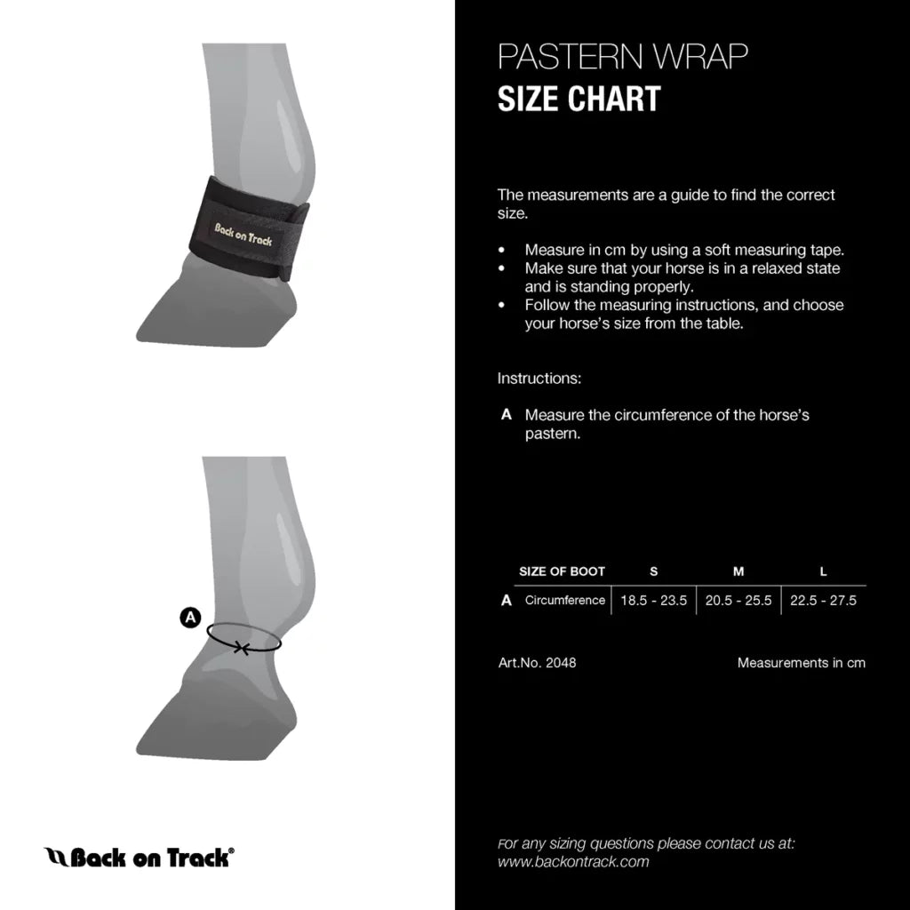 Infographic sizing chart for the Back on Track Pastern/Fetlock Band