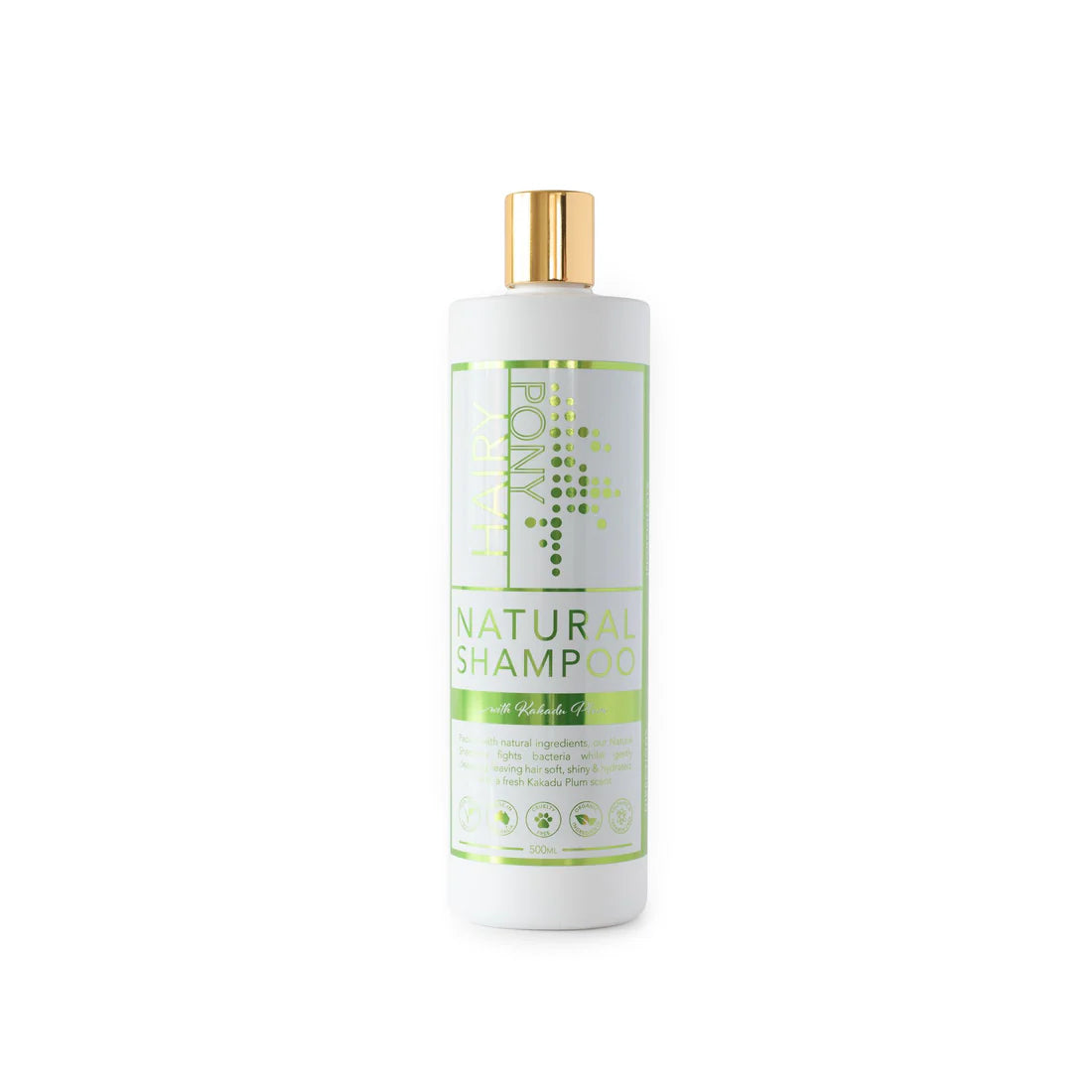 Front view of a kakadu plum 500ml bottle of Hairy Pony Natural Shampoo, gold top