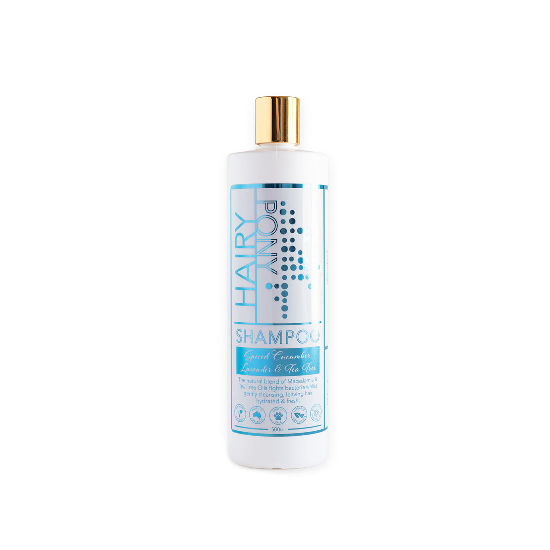 Front view of a cucumber 500ml bottle of Hairy Pony Natural Shampoo, gold top