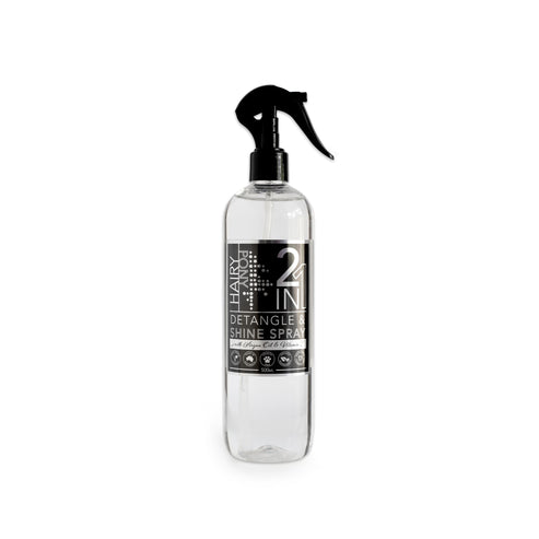 View of the 500 ml Rose and Ylang Ylang Hairy Pony 2 in 1 Detangle & Shine Spray on a white background
