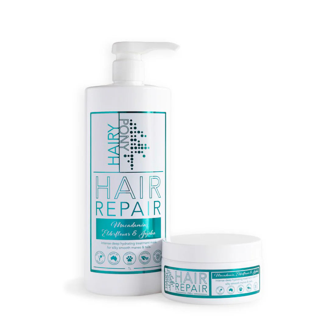 Front view of 1L and 250ml containers of Hairy Pony Hair Repair in Macadamia Elderflower & Jojoba
