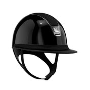 Angled front view of the black alcantara Samshield Miss Shield 2.0 Shadow Glossy Helmet on a white background