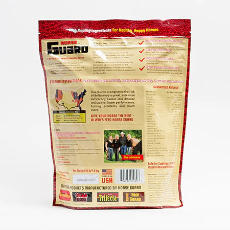 Back view of a 10 lb bag of Horse Guard Vitamin & Mineral Supplement on a white background
