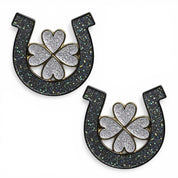 Front view of a pair of Horseshoe Clover Dubois Cheval Number Pin Charm on a white background