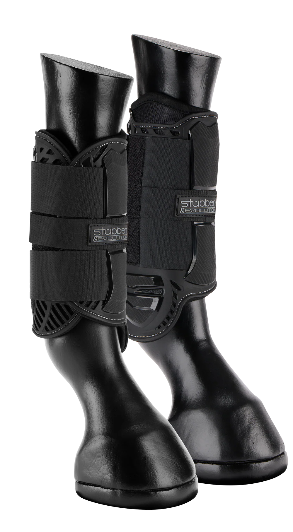 Side view of a black pair of Stubben Hybrid Cross County Front Boots on horse leg models on a white background